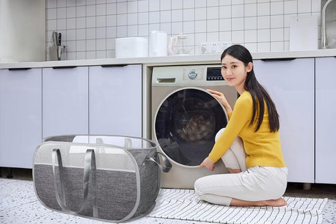 Pop-Up Laundry Basket with Durable Handles, Collapsible Mesh Laundry Hamper, Cationic Gray