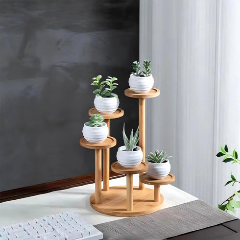 SRTFINE 5 Tiered Desk Plant Stand Round Bamboo Plant Shelf Tabletop Succulent Herb Stand Desktop Plant Stand Indoor
