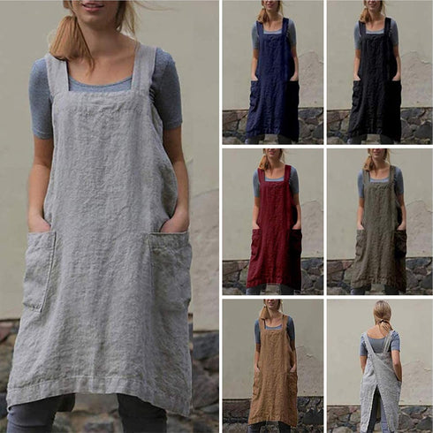 VLZUFE Cotton Linen Apron for Women, Cross Back Pinafore Dress for Baking, Cooking, Gardening Work