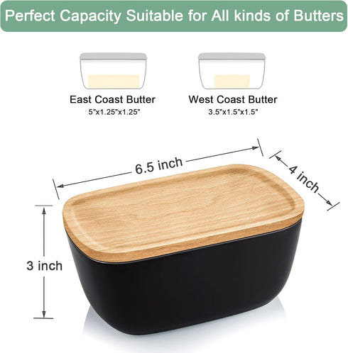 Countertop 3 ALELION Ceramic Butter Container with Airtight Wooden Lid - Black Butter Keeper Crock for - Holds Up