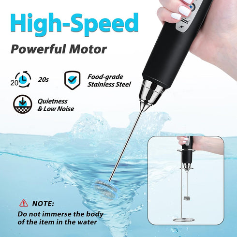 Milk Frother with Stand, Rechargeable Handheld Coffee Frother with 3 Stainless Whisks, Electric Whisk Drink Mixer