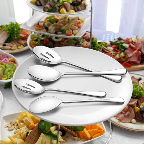 LIANYU Large Serving Spoons and Forks Set of 12, Stainless Steel Buffet Catering Dinner Party Slotted Utensils, 9.8 Inch
