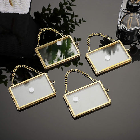 JUXYES Mini Brass Wall Hanging Photo Frame Set of 4, Double Glass Floating Frame for Artwork, Picture, Pressed Flower,