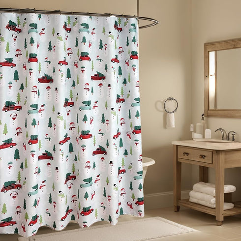 Shower Curtain Polyester, Christmas Red Truck Car Print with Trees, 70 x 70 Inch