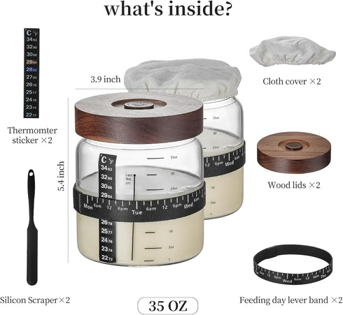 2PackWood Exhaust,35OZ Sourdough Starter Jar Sealed Lid with Automatic with Ounce Scale Line,Date Marked Feeding Band