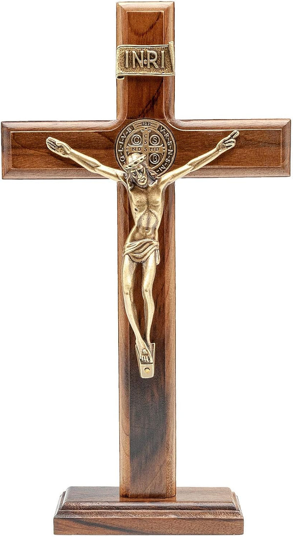 Intercession Wall and Table Wood Cross Crucifix, 10 inches in Antique Gold