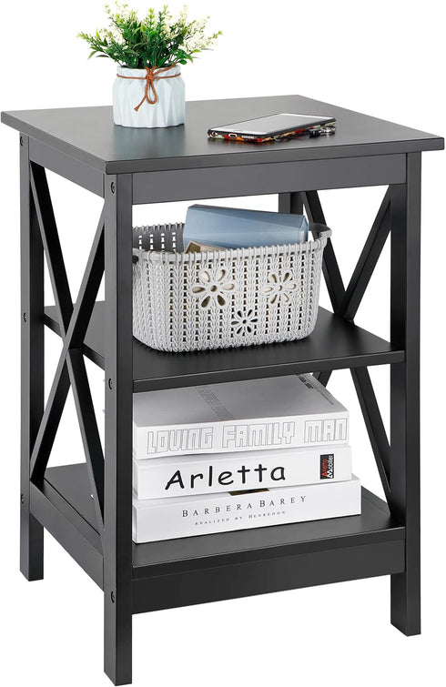 3-Tier SUPER DEAL Side Table, End Table with Shelves, Versatile X-Design Wood Sofa Table for Living Room Bedroom