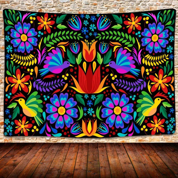UHOMETAP Mexico Floral Tapestry, Colorful Mexican Embroidery Style Wall Art Decor, 80x60 Inch Tapestry for Bedroom