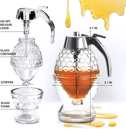 8 Oz CLEVLI Glass Honey Dispenser No Drips, No Trails Honey Container with Stand Easy to Clean Honey Pot Honey Jar