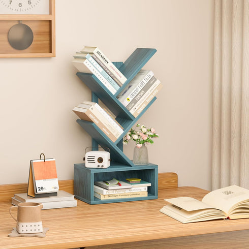Shelf,5 SHEEPAM Small Tree Book Tier Black Tree Bookshelf,Blue Desktop Bookcase,Modern Desk Display Storage