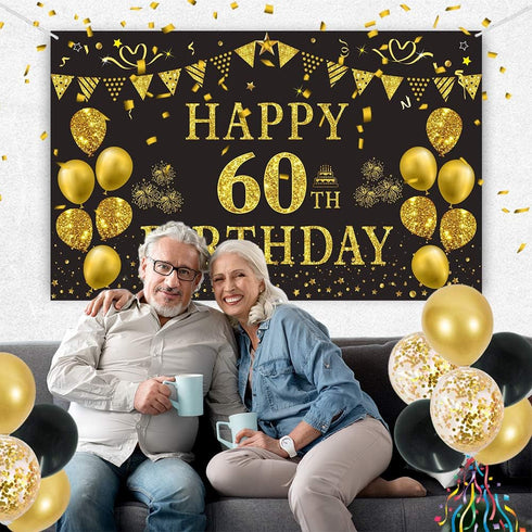 Trgowaul 60th Birthday Backdrop - Gold and Black 5.9 x 3.6 Fts Happy Birthday Party Decorations Banner