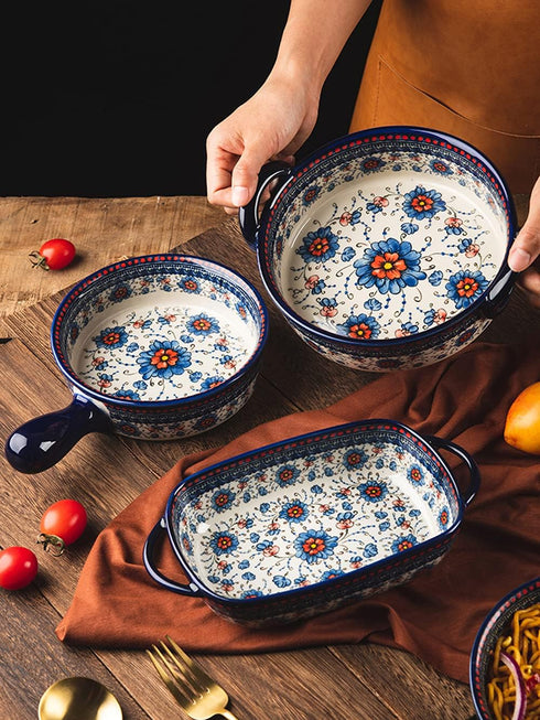 Blue and Orange Flower Vintage Style Ceramic Bakeware, Casserole Dish with Handles for Oven Cooking, 1 PCS, 22 OZ
