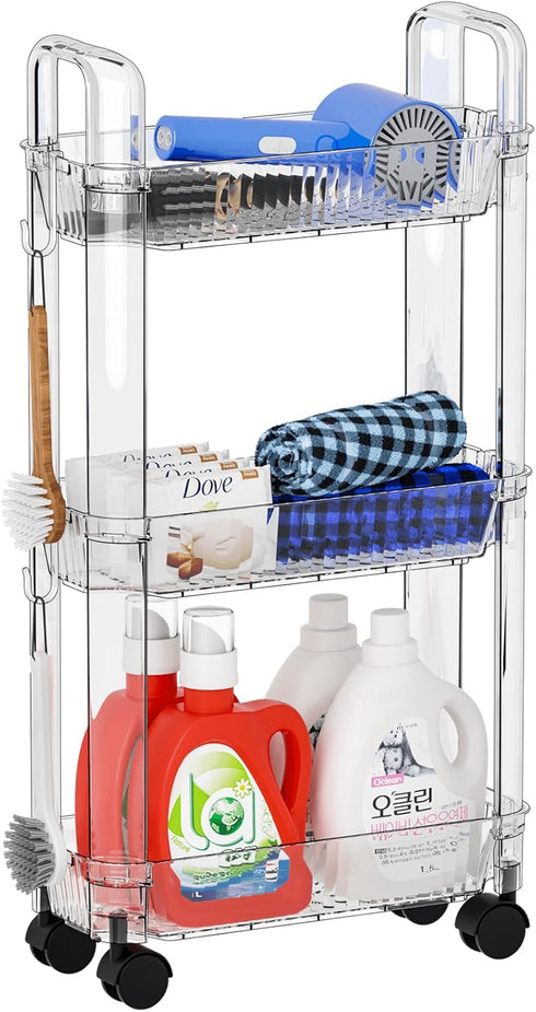 Yieach 3 Tier Rolling Cart with Wheels, Clear Narrow Bathroom Storage Cart for Small Spaces