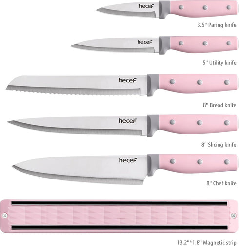hecef Kitchen Knife Set with Magnetic Strip, 6 pcs Professional Knives Set for Kitchen, 13-inch Magnetic Strip Stainless Steel Sharp Chef Knife Set with Pink Handle for Cutting Meat & Vegetable by hecef
