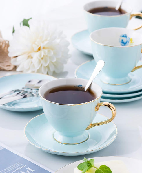 Set Set 6 (FD-TCS02 (6), 7oz) Jusalpha Fine China Tea Cup and Saucer Coffee Cup with Saucer and Spoon of blue