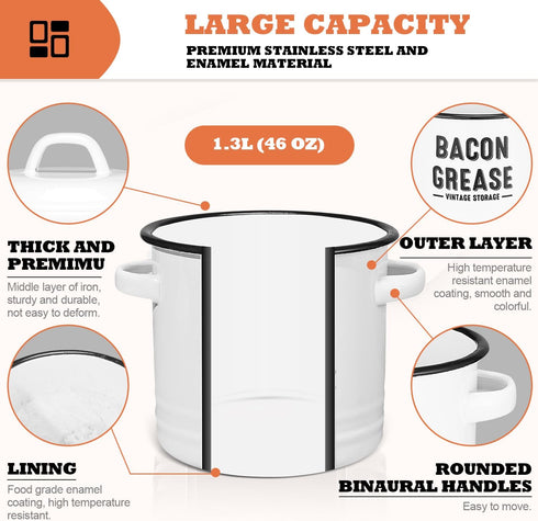 46OZ Bacon Grease Container with Strainer - Large Kitchen Oil Storage Can, Food Saver Bin with Lid | Farmhouse Cooking