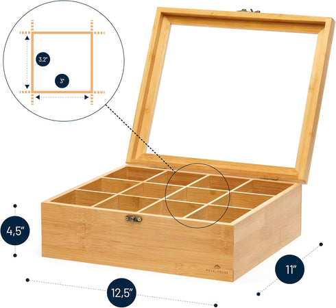 12 RoyalHouse Big Natural Bamboo Tea Storage Organizer with Clear Acrylic Top Window, Compartments Eco-Friendly Tea Bag