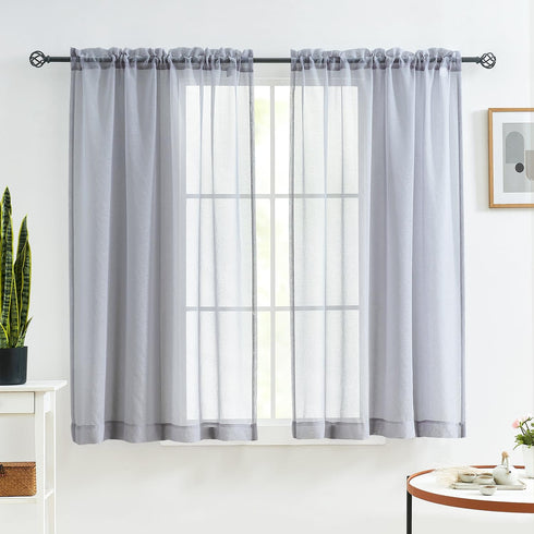 MYSTIC-HOME Sheer Curtains - 45 Inch Length Rod Pocket Voile Drapes for Living Room, Set of 2, Silver Grey