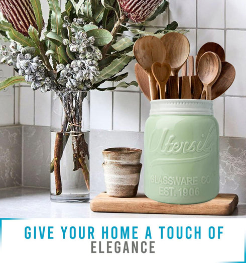 Comfify Wide Mouth Mason Jar Utensil Holder, Decorative Kitchenware Organizer Crock, Green, Large Size 7" Height