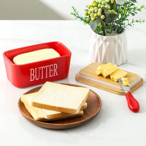 Hasense Butter Dish with Lid and Knife For Countertop, Large Butter Keeper Container with Stainless Steel Knife Spreader for Counter, Airtight Butter Holder with Cover for Kitchen,Red