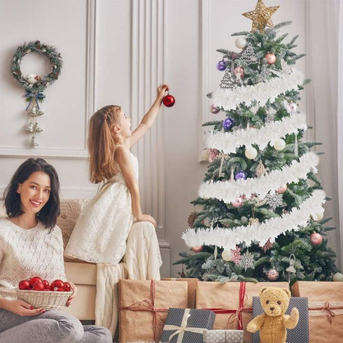 CCINEE 33FT Christmas Tinsel Garland, White Metallic Twist Garland with Snowflakes for Home Decoration