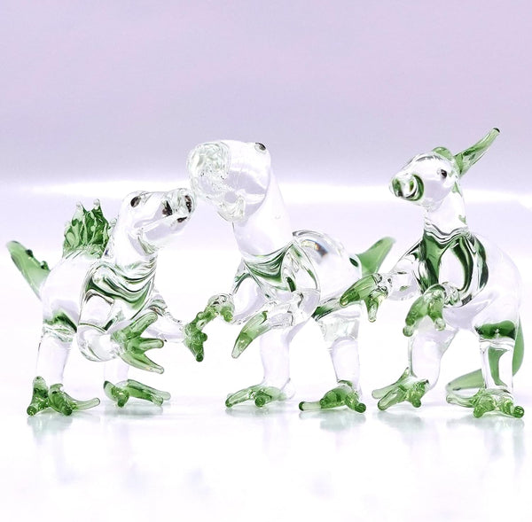 Set of 3 Dinosaurs Miniature Figurines, Hand Blown Color Glass Art Animals Collectible Gift Home Decor