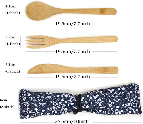 Honbay 3PCS Japanese Style Creative Eco-friendly Bamboo Flatware Set Reusable Utensils with a Retro Pouch -Spoon, Fork, Knife