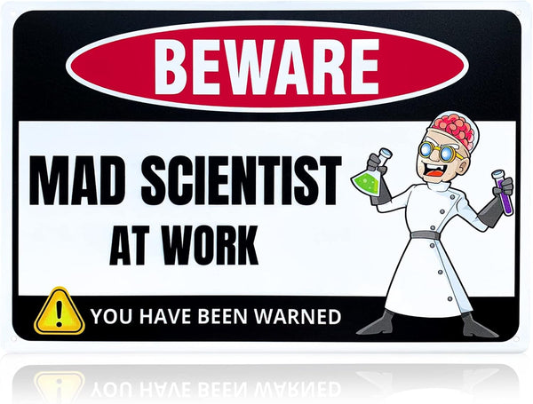Mad Scientist at Work Tin Sign - Funny Science Wall Decor, Metal Posters for Classroom, Gifts for Adults