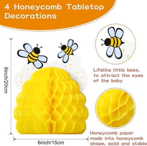 4 Pieces Honey Bee Centerpieces with Sunflower Stickers, Honeycomb Decorations for Bee Day Gender Reveal Birthday Party
