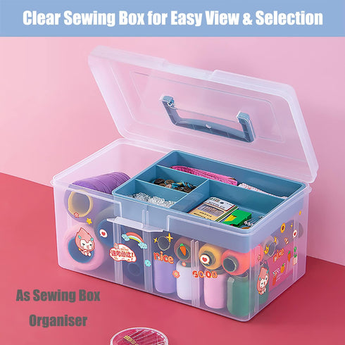 Clear Plastic Arts & Craft Supplies Organizer Box, Large with Removable Tray & Handle, Office Storage (Clear & Ocean