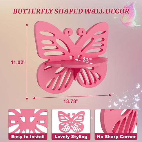 Pink Butterfly Shaped Floating Shelf for Girls Room, Cute Wall Display Rack for Nursery Decor, Small Decorative Shelf