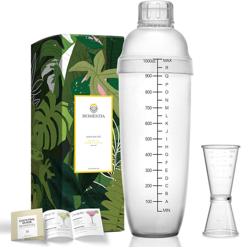 Homestia Plastic Cocktail Shaker with Measuring Jigger Set - 1000cc / 33 oz Clear Plastic Bottle Boba Tea Shaker Cup