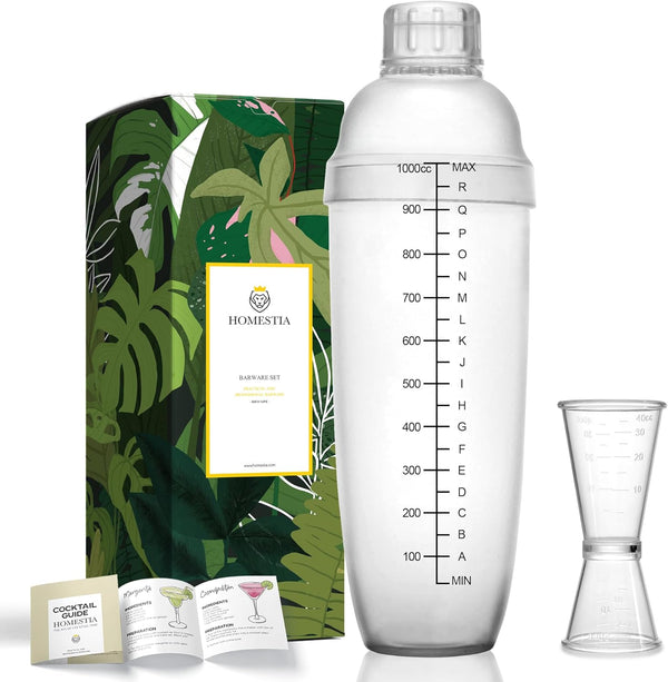 Homestia Plastic Cocktail Shaker with Measuring Jigger Set - 1000cc / 33 oz Clear Plastic Bottle Boba Tea Shaker Cup
