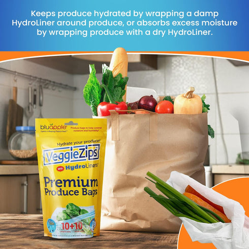 Bluapple VeggieZips Premium Produce Storage System - 20 Piece Set, 10 Food Saver Bags + 10 HydroLiners