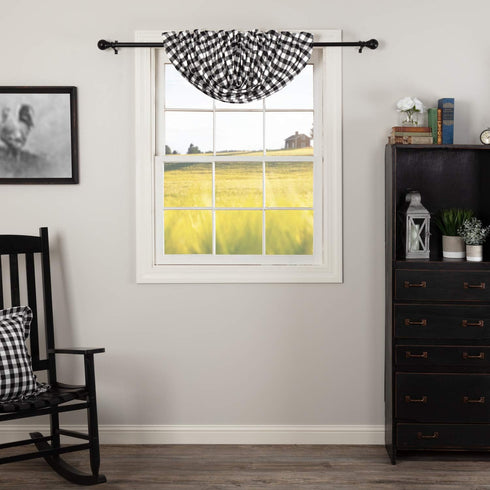 VHC Brands Annie Buffalo Check Cotton Farmhouse Kitchen Curtains Rod Pocket Balloon Valance, 15x60, Black