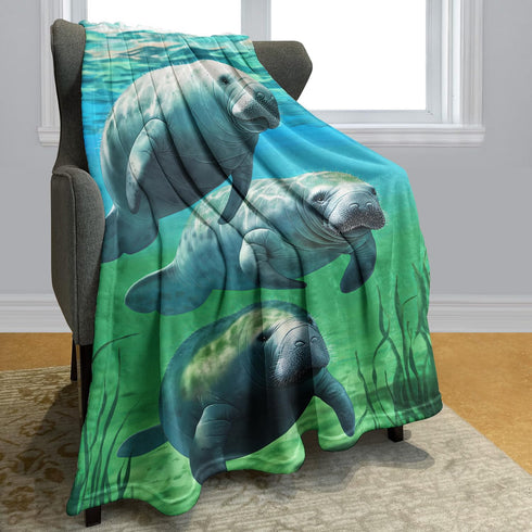 50x80 Soft Plush Blanket, Comfort Warmth Throw for Couch, Underwater Manatee Family Green