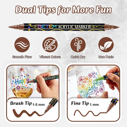24-Pack Betem Acrylic Paint Pens, Dual Tip Glass Markers, Quick-Drying Acrylic Markers, Paint Pens with Fine & Brush