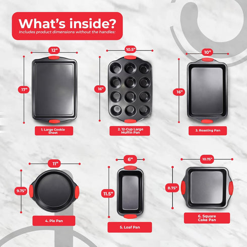 PERLLI 6-Piece Non-Stick Baking Pan Set, BPA-Free Carbon Steel Bakeware with Silicone Handles