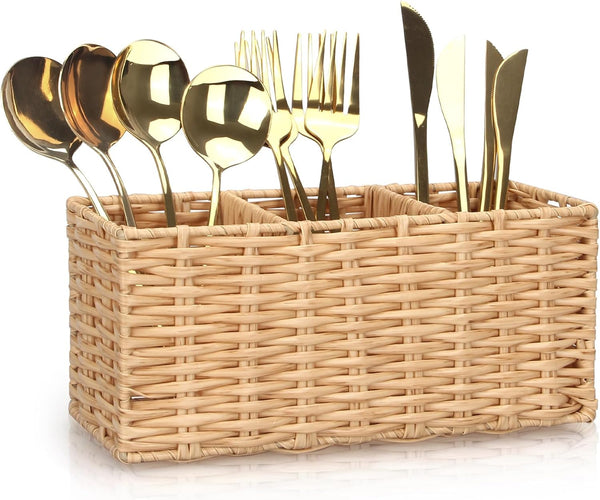 Ayiaren Wicker Flatware Caddies, Best Kitchen Silverware Organizer, Storage for Countertop, Party Utensil Holder