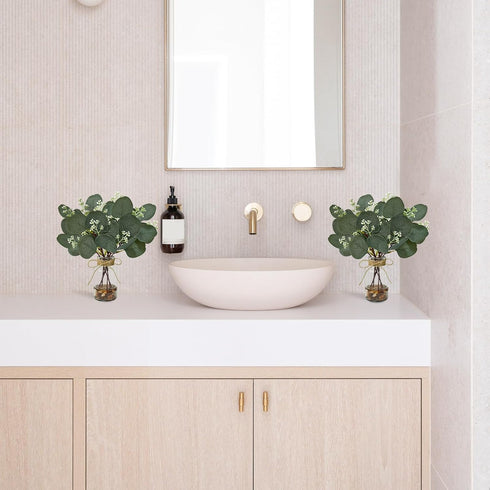 2 Pack 11" Artificial Eucalyptus Stems in Glass Vases, Fake Plants with Faux Water Stones, Small Faux Plants