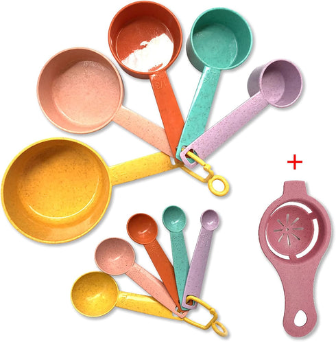Plastic Measuring Cups and Spoons Set - 10 Pcs Colorful Kitchen Measuring Tools, Engraved Metric/US Markings, Stackable