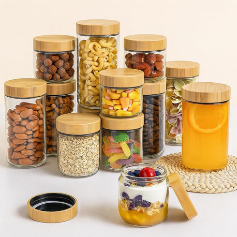 12 Pack 16oz TBWIND Glass Jars with Bamboo Lids, Spoons, Airtight Overnight Oats Containers, Salad& Yogurt Storage