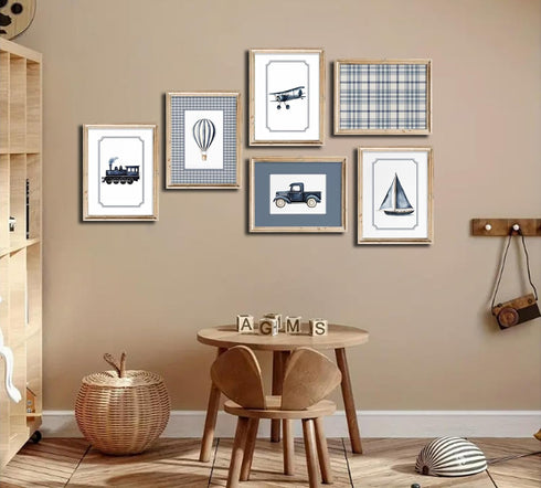 6Pcs Sailboat 12"x16" Vintage Transportation Nursery Wall Art Navy Blue Hot Air Balloon Biplane Train Truck Pictures