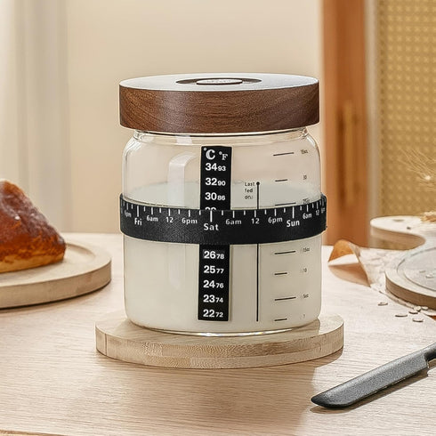 2PackWood Exhaust,35OZ Sourdough Starter Jar Sealed Lid with Automatic with Ounce Scale Line,Date Marked Feeding Band