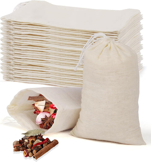 40 Pcs Empty Spice Bags for Cooking Soup, Reusable Tea Bags for Loose Tea, 4x6 Inch Natural Muslin Drawstring