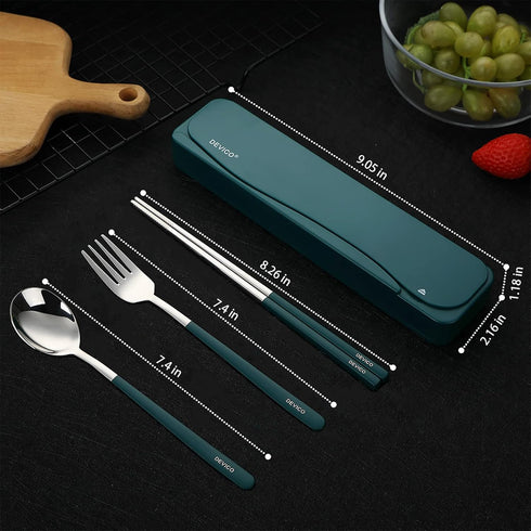 DEVICO Travel Utensils, 18/8 Stainless Steel Portable Reusable Camping Silverware Cutlery Flatware Set, 4-Piece Include Fork Spoon Chopsticks with Case (Dark Green) by DEVICO