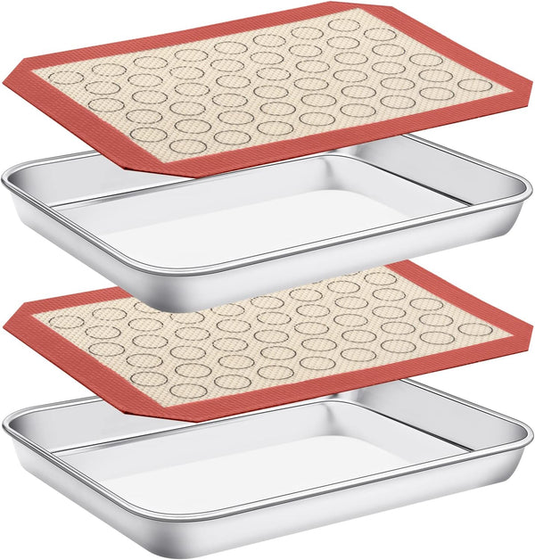 Baking Sheet with Silicone Mat Set of 4, Deedro Stainless Steel Cookie Sheet with Non-Toxic Baking Mats.