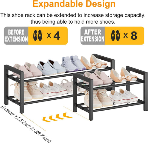 2-Tier (17.5"-30.7") Closet, Detsuk Expandable Shoe Rack Adjustable Heavy-Duty Metal Shoe Organizer Shelf for Entryway