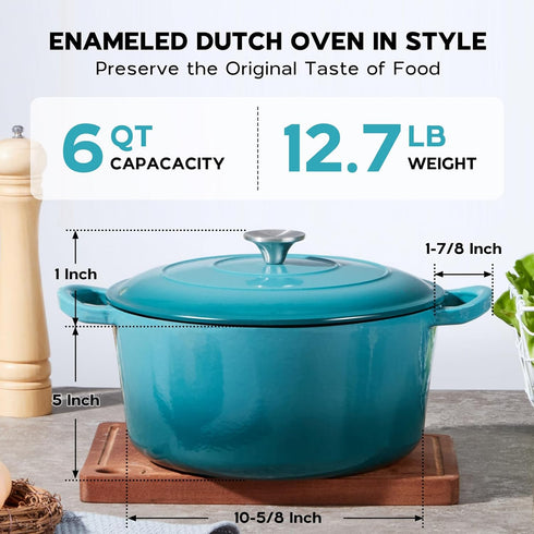 6 Onader Enameled Cast Iron Dutch Oven, QT Dutch Oven Pot with Lid, Heavy Duty Cookware for Sourdough Bread Baking