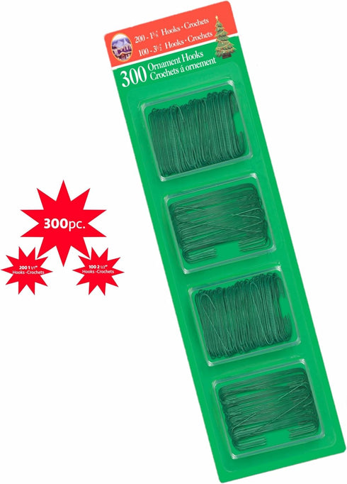 R’ND’s 300 Pack Christmas Tree Ornament Hooks - Metal Wire Hangers for Decorating (Green)